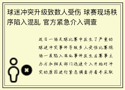 球迷冲突升级致数人受伤 球赛现场秩序陷入混乱 官方紧急介入调查